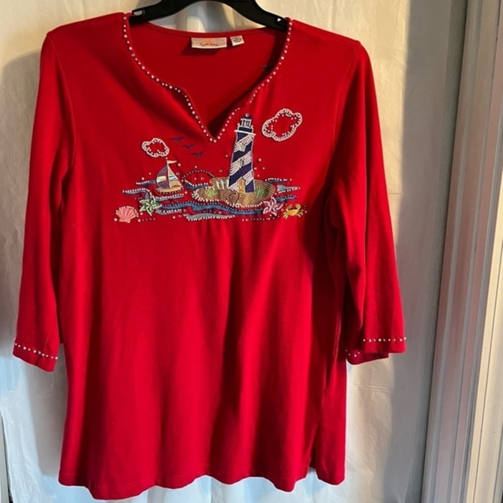 Quaker Factory Red Beaded Embroidered Lighthouse Nautical Themed Top Size Large